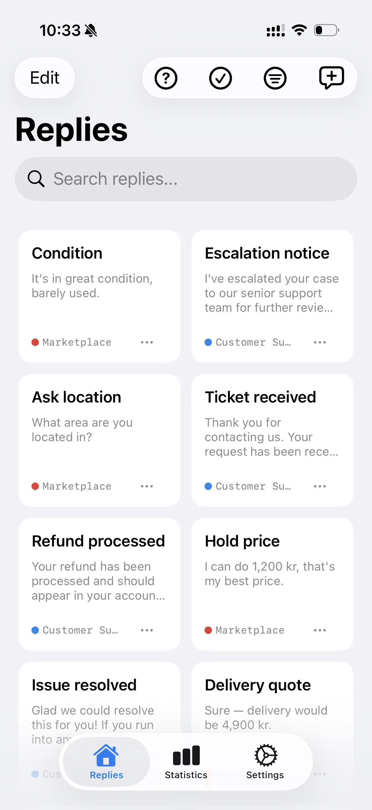Saved replies library on iPhone, with customer support and marketplace replies grouped by tag